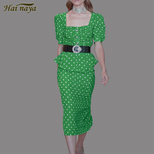 hainaya波点包臀铅笔裙时尚套装