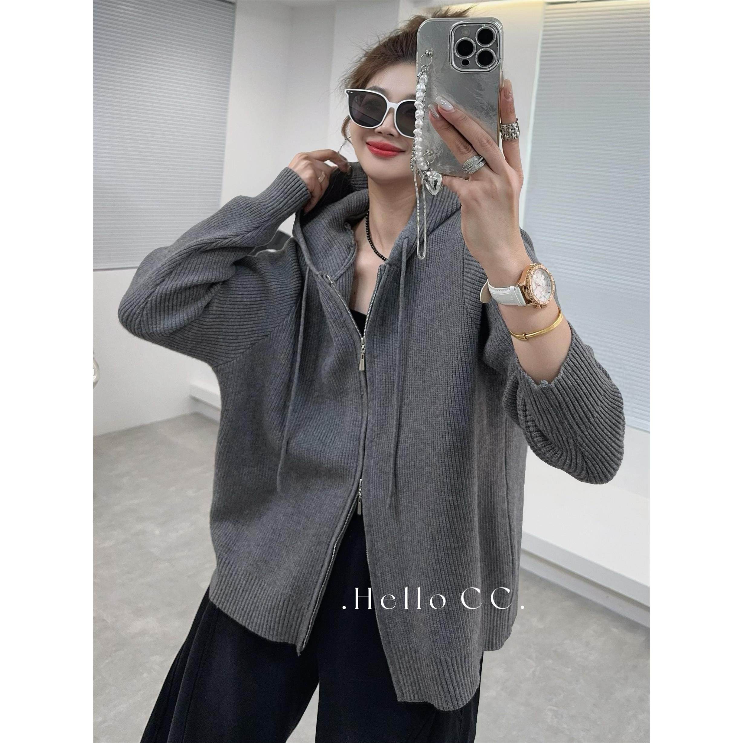 你好菜菜 双拉炼连帽针织卫衣女2025秋冬新款宽松休闲毛衣外套,个性定制/设计服务/DIY,棉服工装,淘宝优惠券,粉丝福利购,淘宝优惠卷