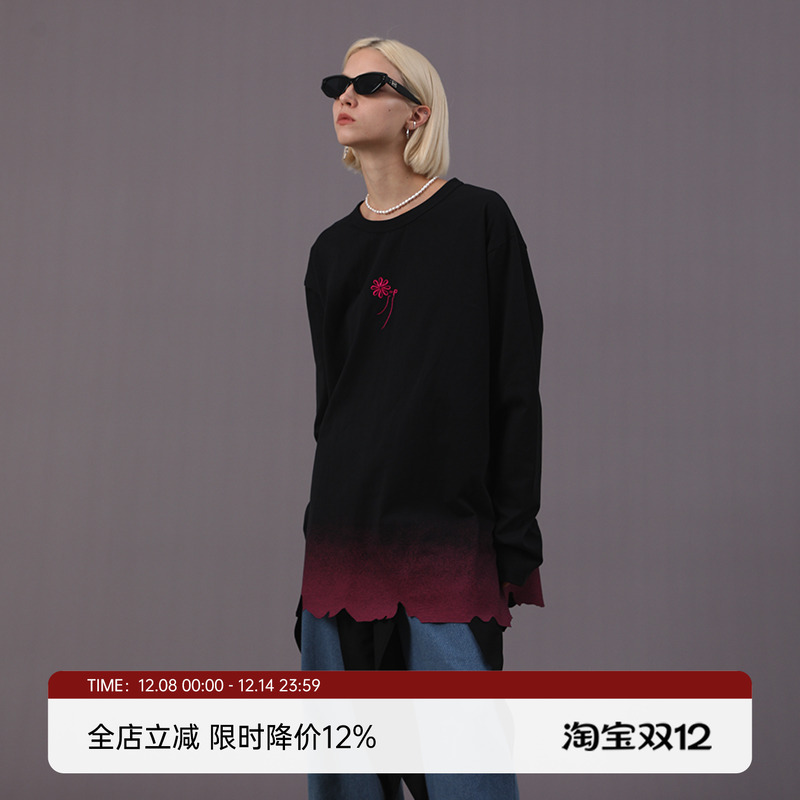 渐变不规则刺绣圆领长袖T恤