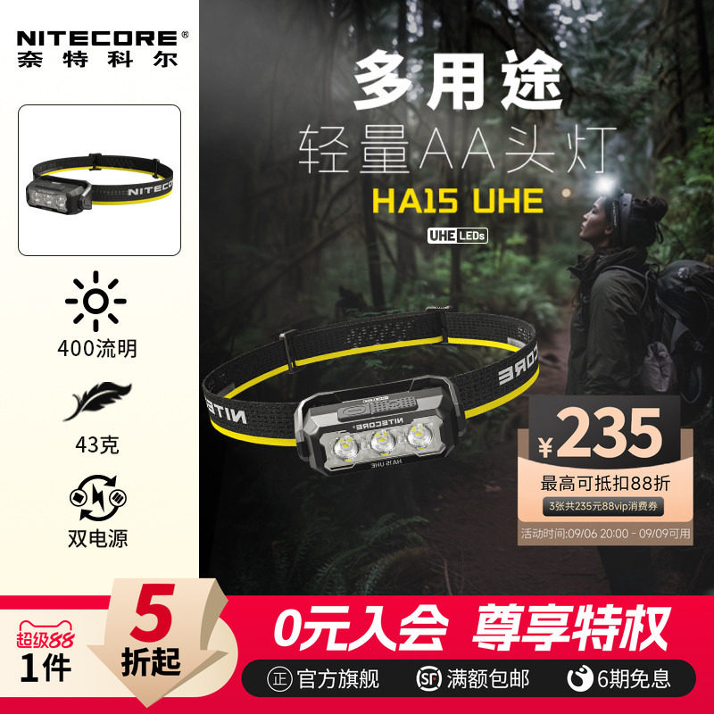 奈特科尔HA15UHE户外头灯可充电强光长续航AA电池钓鱼夜跑登山灯