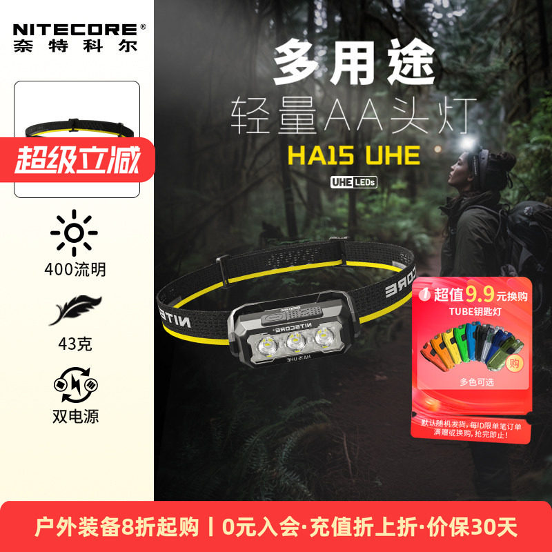 奈特科尔HA15UHE户外头灯可充电强光长续航AA电池钓鱼夜跑登山灯
