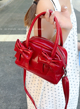 质感小众红色包包女2024新款潮夏天单肩斜挎包蝴蝶结波士顿枕头包