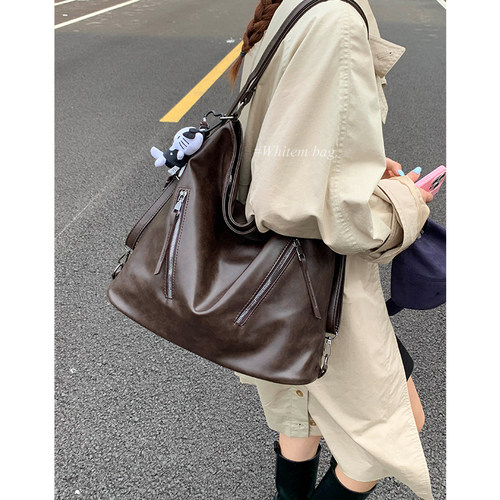 美式复古通勤双肩包包女2025新款秋冬单肩包大容量时尚腋下托特包