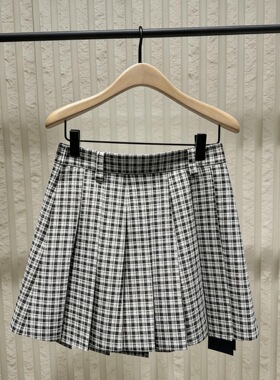 正品短裙2026夏新品蓝黑格纹低腰压褶百褶A字半身裙MBF2SKT018