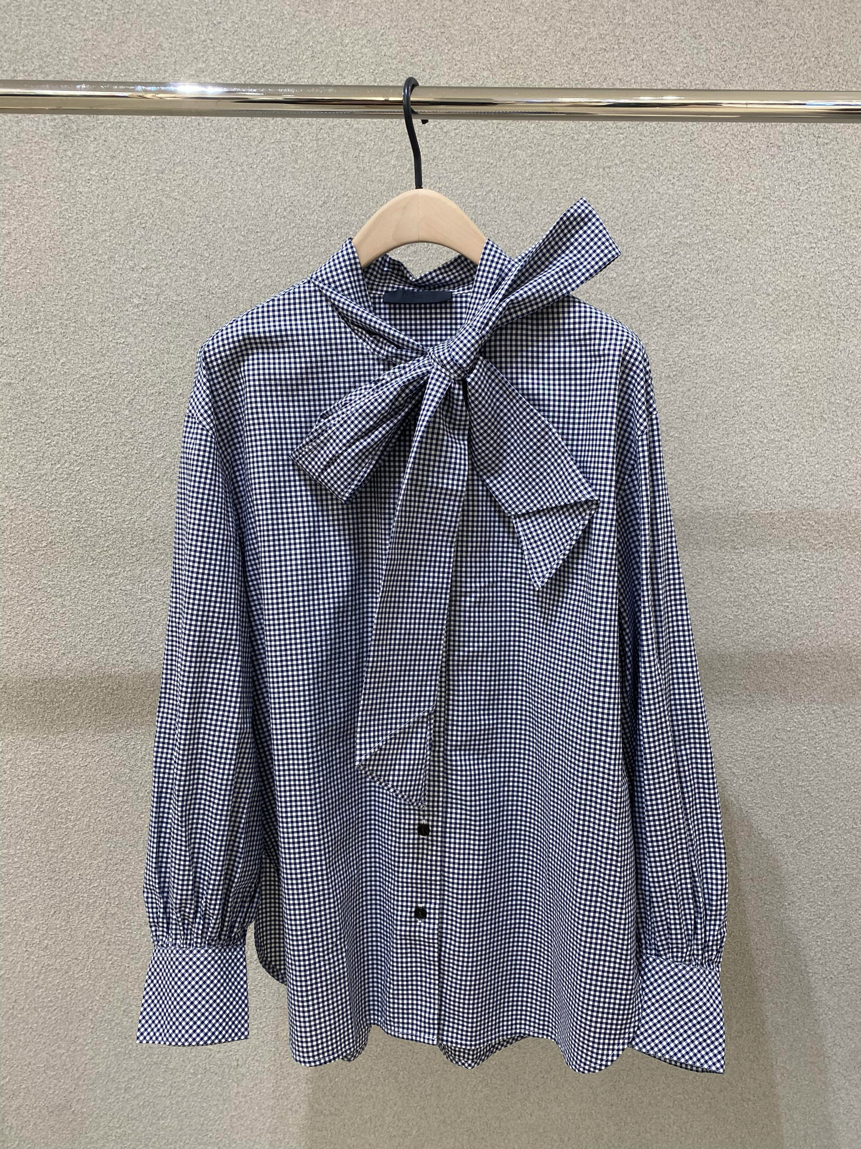 【C系列】正品衬衫2026春新品蓝白格棉质绑带宽松上衣MBF1TOP008
