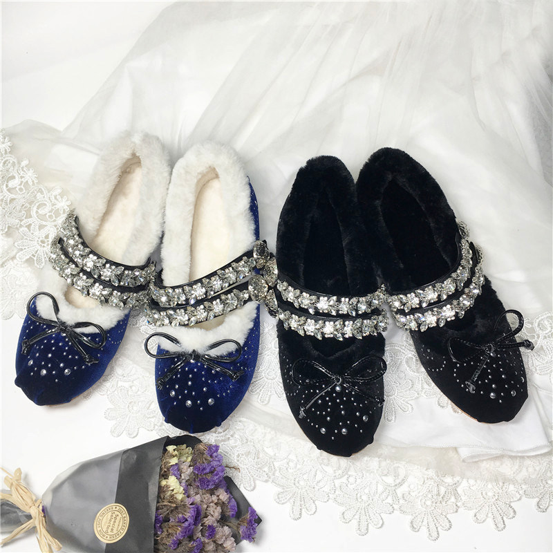 明星同款芭蕾舞毛毛鞋水钻羊毛保暖豆豆鞋圆头平底内增高瓢鞋miu,女鞋,时尚芭蕾鞋,淘宝优惠券,粉丝福利购,淘宝优惠卷