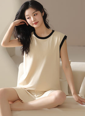莫代尔背心短裤套装女夏宽松简约无袖睡衣撞色上衣薄款吊带两件套