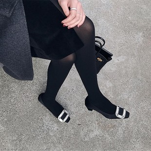 女 黑色工作鞋 平底浅口方头高跟鞋 中跟瓢鞋 tep方扣水钻粗跟单鞋