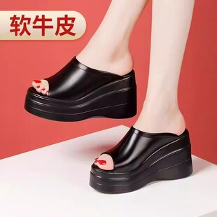 品牌断码真皮松糕厚底坡跟凉拖鞋女夏季外穿时尚防水台一字拖鞋女