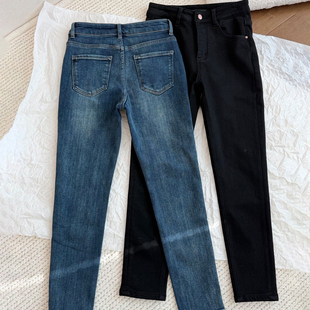 小黑裤 配靴子神裤 中腰铅笔裤 加绒九分牛仔裤 女 复古水洗弹力修身