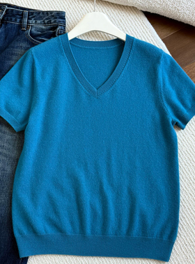 100%26/2康赛妮A级山羊绒 定染LP孔雀蓝 显白V领短袖针织衫上衣女