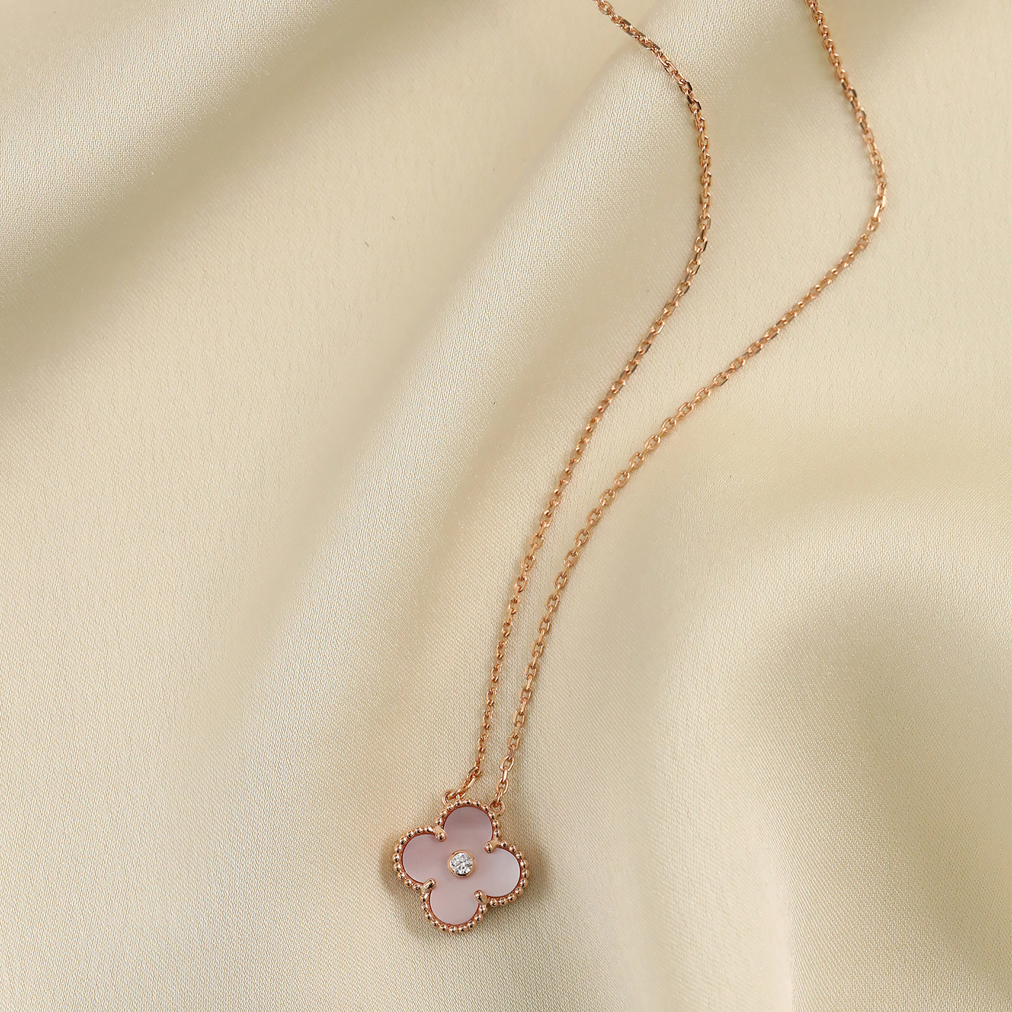 经典单钻粉贝母玫瑰金四叶草项链