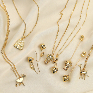 男女胸针 P蓟花 小羊项链耳饰 黄铜镀真金 小鹿 高奢老钱风饰品