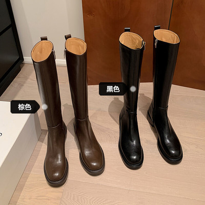 法式美拉德棕真皮平底骑士靴女