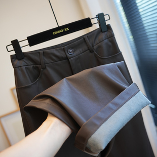 秋季 虫小小 女休闲长裤 高腰显瘦PU皮质直筒阔腿裤 A62F 高阶质感