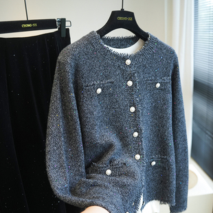 虫小小 细闪珠片纱小香风绵羊毛针织开衫女毛衣短款外套秋季A64K
