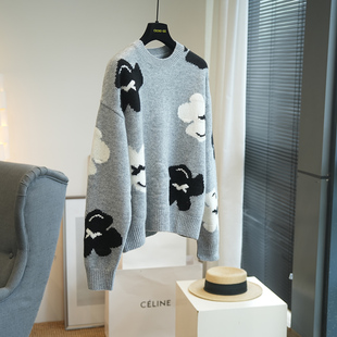 女毛衣外套秋冬A54D 针织衫 虫小小 花朵提花100绵羊毛宽松慵懒长袖