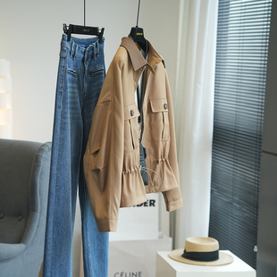 虫小小 复古港风休闲撞色翻领收腰长袖工装短外套女风衣春季982N