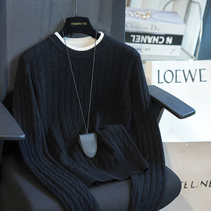 虫小小 100绵羊毛绞花圆领撞色假两件长袖针织衫女毛衣秋冬A53C