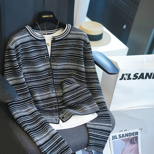 虫小小 100绵羊毛复古渐变条纹长袖针织开衫女毛衣外套秋季A50R