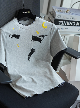 虫小小 星空猫咪刺绣修身显瘦正肩短款T恤女短袖上衣春夏新款A95E