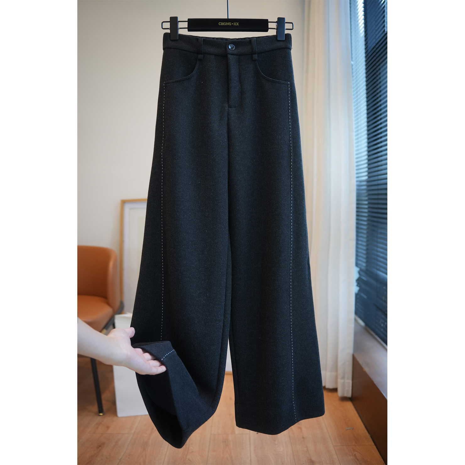 虫小小气质通勤明线毛呢阔腿裤