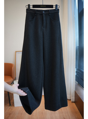 虫小小 气质通勤明线高腰宽松直筒阔腿毛呢西裤女休闲长裤冬A76M