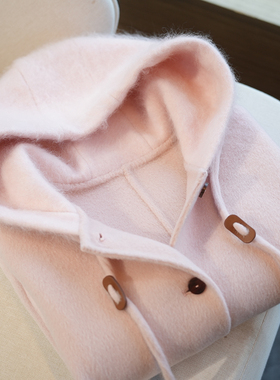 虫小小 羊绒羊毛连帽宽松短款双面呢大衣女短款毛呢外套秋冬A72J