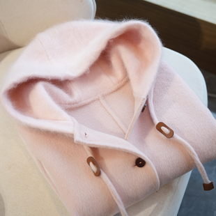 虫小小 羊绒羊毛连帽宽松短款双面呢大衣女短款毛呢外套秋冬A72J