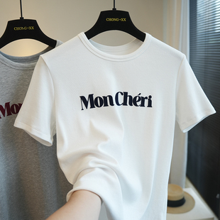 明星同款！2026春夏新款字母修身显瘦圆领正肩短袖T恤女上衣A103C