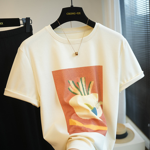 禾家涂鸦48支纯棉双纱圆领短袖 A101R T恤女复古艺术印花上衣春夏季