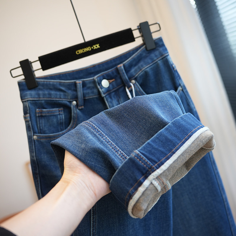 虫小小植绒高腰显瘦微喇牛仔裤