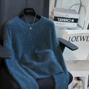 虫小小 羊毛羊绒珠片圆领针织衫女拉绒毛衣内搭打底衫秋冬季A64G