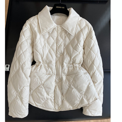 90白鸭绒短款翻领收腰羽绒服菱格