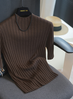 虫小小 半高领短袖羊毛针织衫坑条修身显瘦百搭上衣女打底衫A102B