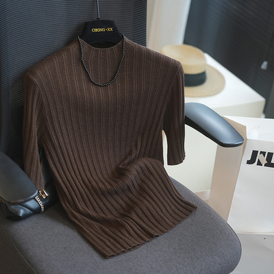 虫小小坑条半高领短袖针织衫