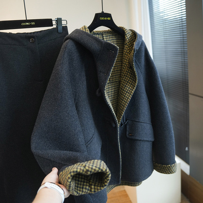 虫小小绵羊毛千鸟格连帽呢大衣
