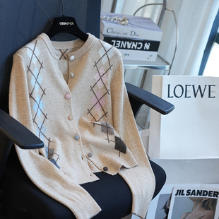 秋冬新款 女毛衣打底衫 A75G 复古菱格提花绵羊毛针织开衫 柜上2.9K