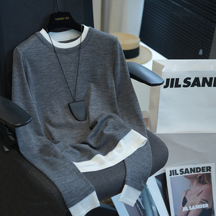 920S T恤内搭秋季 虫小小 100%美丽奴羊毛拼色圆领假两件针织打底衫