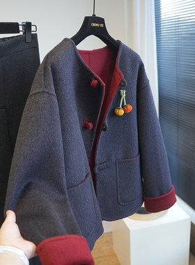 新中式国风羊绒羊毛盘扣双面呢圆领短款呢大衣女毛呢外套秋冬A80R