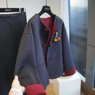 新中式国风羊绒羊毛盘扣双面呢圆领短款呢大衣女毛呢外套秋冬A80R