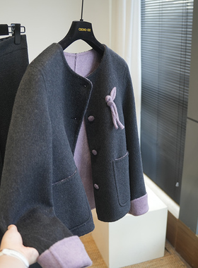 虫小小 羊绒羊毛撞色蝴蝶结双面呢短款呢大衣女小个子外套冬A79R