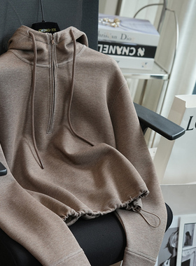 虫小小 新疆长绒棉空气层连帽半拉链宽松卫衣女短款外套上衣A69F