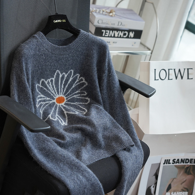 虫小小羊毛雏菊宽松拉毛针织衫