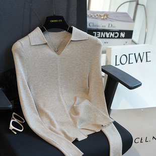 修身 Polo领针织衫 显瘦打底上衣女A34B 含真丝羊毛时髦长袖 虫小小