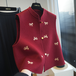 虫小小 羊绒羊毛新中式金线小马刺绣双面呢叠穿马甲女外套新A98E