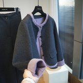 呢大衣女外套冬季 虫小小 羊绒羊毛撞色假两件毛边双面呢短款 A79M