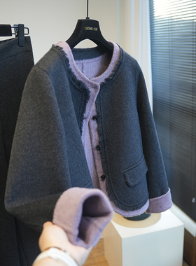 虫小小 羊绒羊毛撞色假两件毛边双面呢短款呢大衣女外套冬季A79M