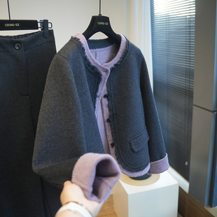 A79M 呢大衣女外套冬季 虫小小 羊绒羊毛撞色假两件毛边双面呢短款