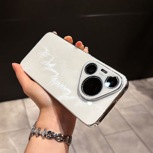 电镀镜头全包适用华为pura70手机壳新款羽纱纹玻璃p70pro超薄防摔pro+创意高级感简约保护套超好看小众款机壳